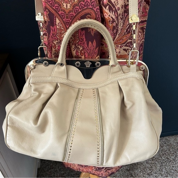 Authentic Versace Beige Leather Studded Frame Satchel with Shoulder Strap - Picture 16 of 16